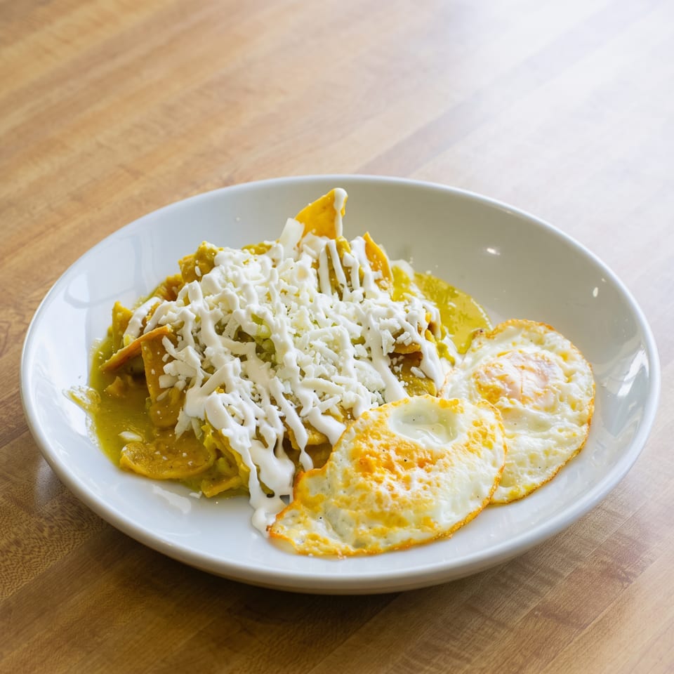 Chilaquiles with green sauce, shredded cheese, crema, and two fried eggs on a white plate.